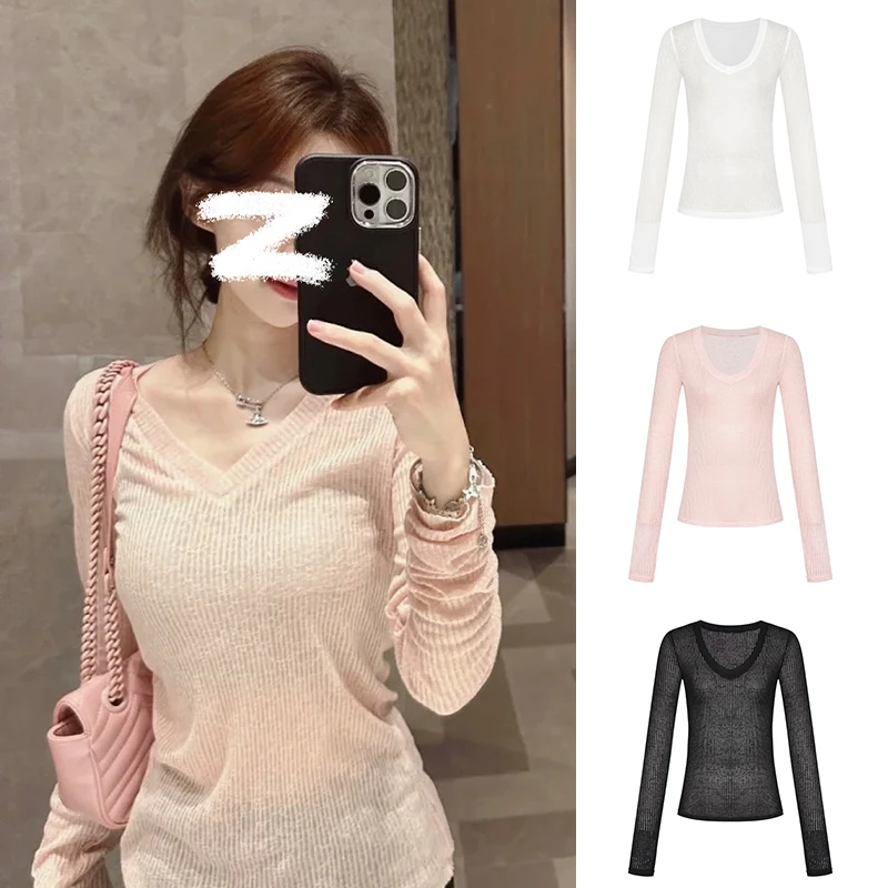 Moses Queen/魔西女王清凉V领微透薄款防晒T恤女夏季罩衫薄纱长袖