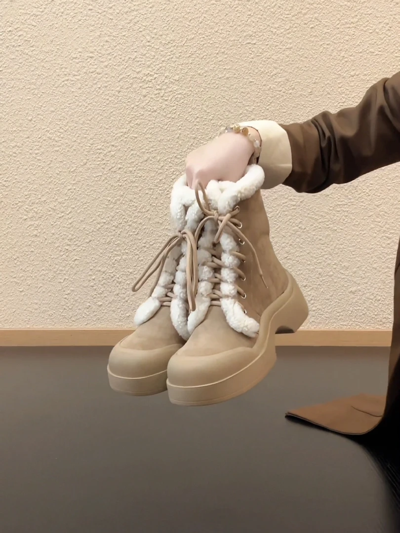 Pokoy-5cm英伦风圆头高帮时尚雪地靴厚底系带加绒保暖通勤短靴
