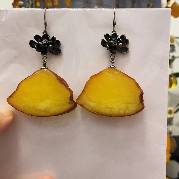 小****蜜蜡银S925镶嵌耳饰蜜蜡切片