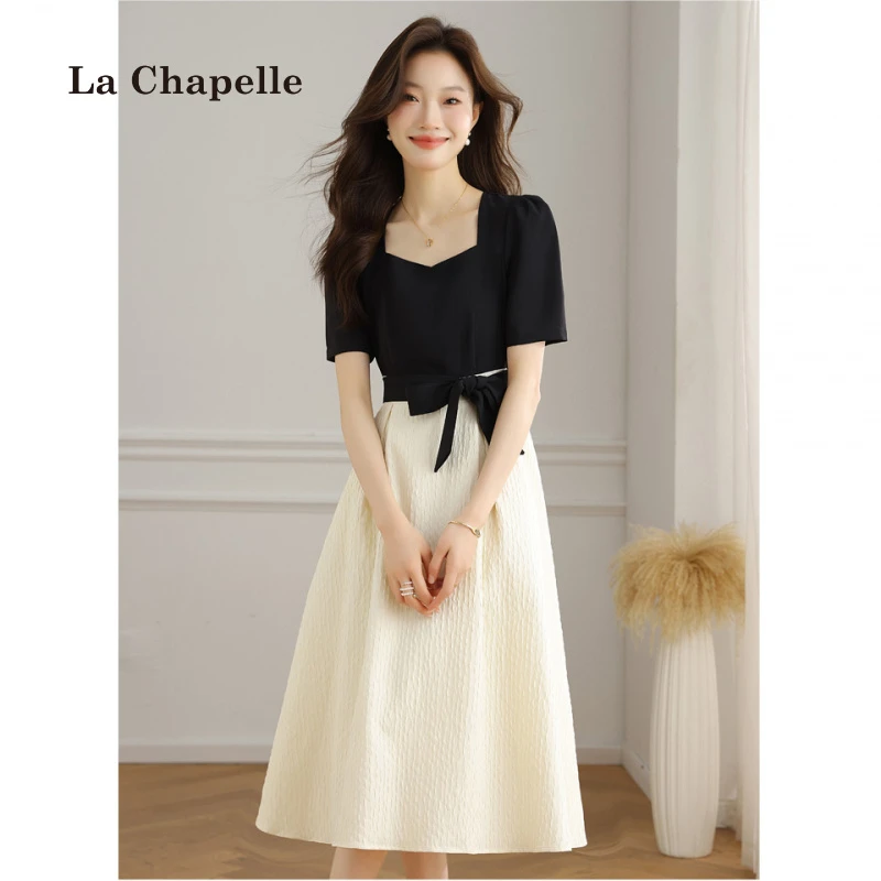 拉夏贝尔方领拼接连衣裙女夏装百搭气质显瘦设计感裙子泡泡袖长裙