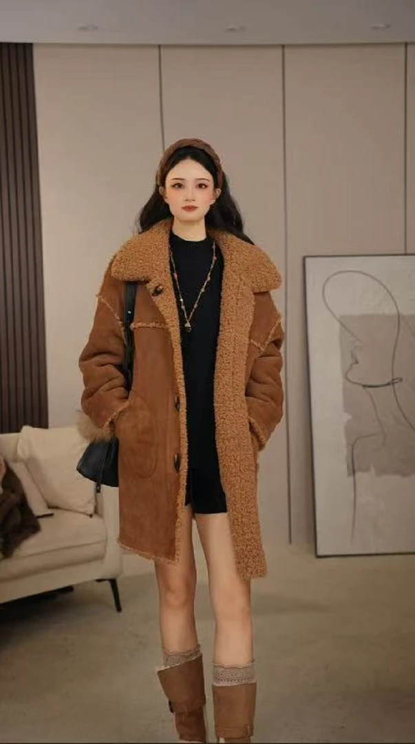 2025新款毛毛外套轻奢设计感女休闲百搭中长款大衣85056