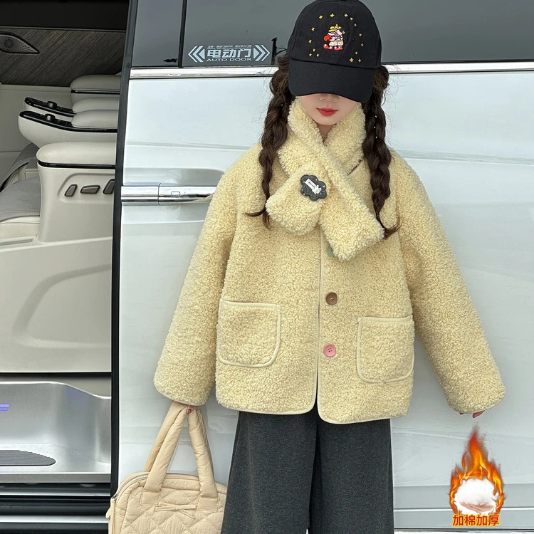 女童毛毛衣外套2025新款儿童秋冬加厚皮毛一体围脖羊羔绒大衣冬装