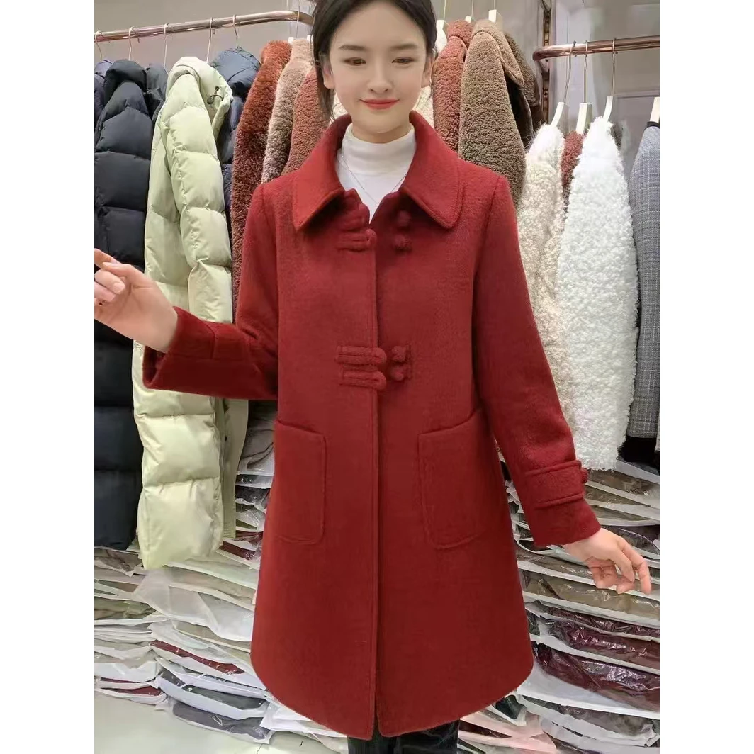 女士新中式盘扣中长款羊毛呢子外套8362