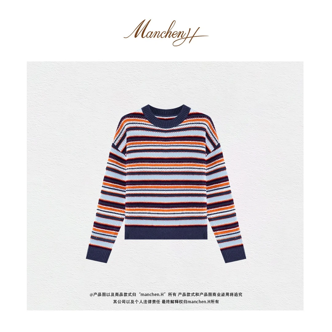 曼辰manchenh"彩律织间"重磅100羊绒条纹间色圆领针织上衣