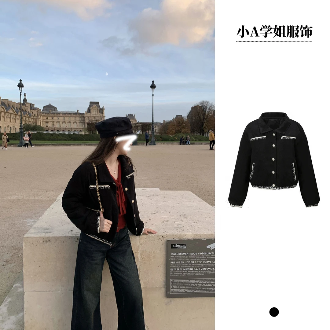 【时光旅人】黑色灯芯绒棉服女冬季新款小香风翻领外套韩版气质时尚