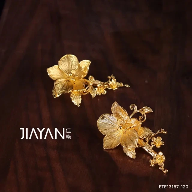 13157ETE古装汉服小唐风金色立体花朵发夹边夹女中式秀禾服头饰