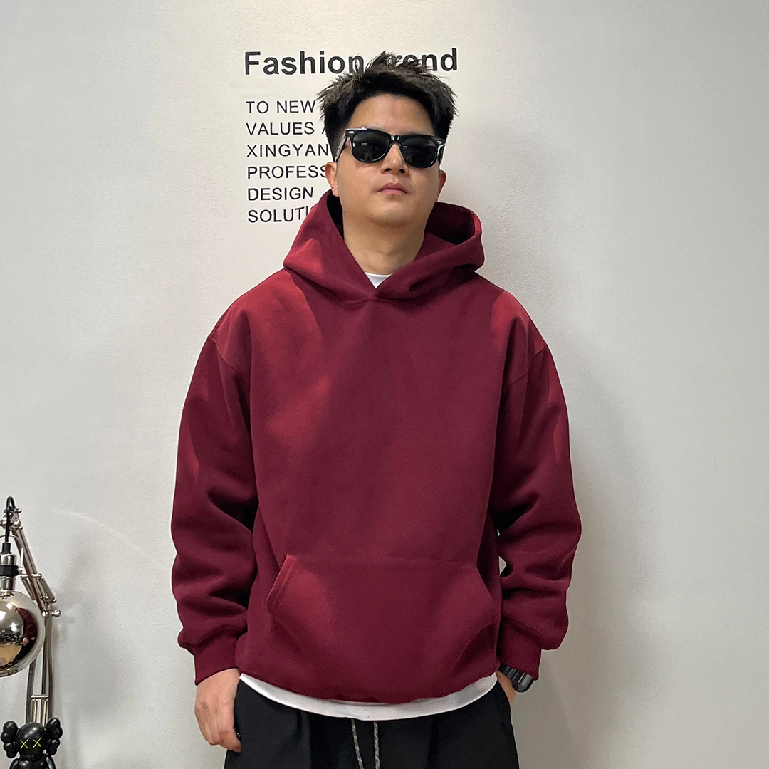 重磅连帽安哥拉红卫衣男士春秋新款廓形潮牌宽松百搭纯色套头上衣