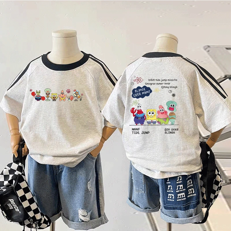 儿童纯棉短袖T恤夏季卡通海绵宝宝半袖男女孩中大童洋气上衣t外穿