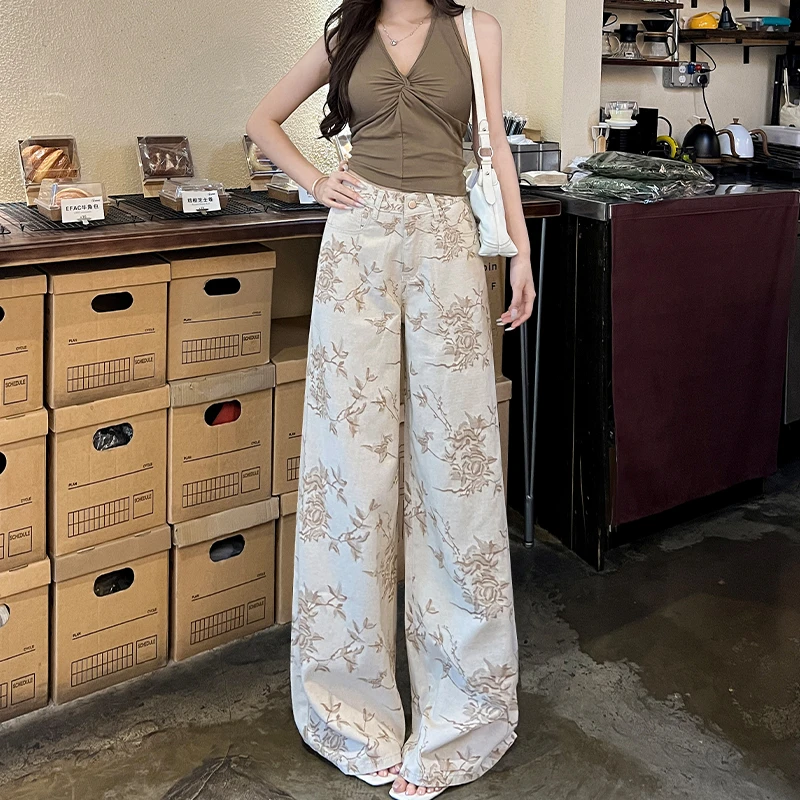 莫兰迪灰扎染印花阔腿牛仔裤女2025秋季新款高腰小个子直筒拖地裤