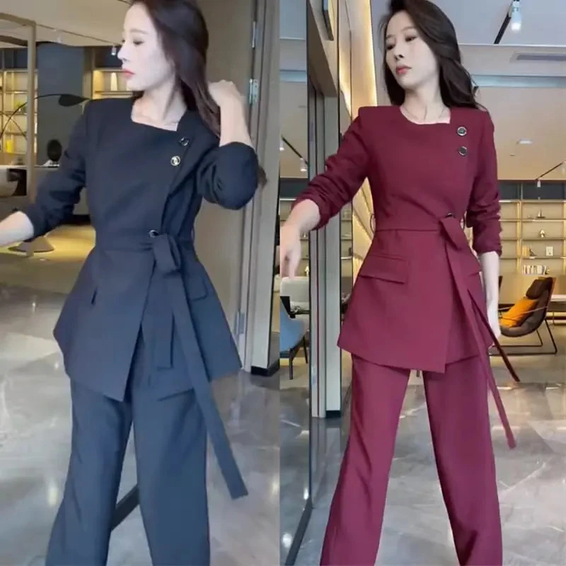 C618+C619大码洋气时尚气质风设计感收腰胖mm西服上衣长裤两件套