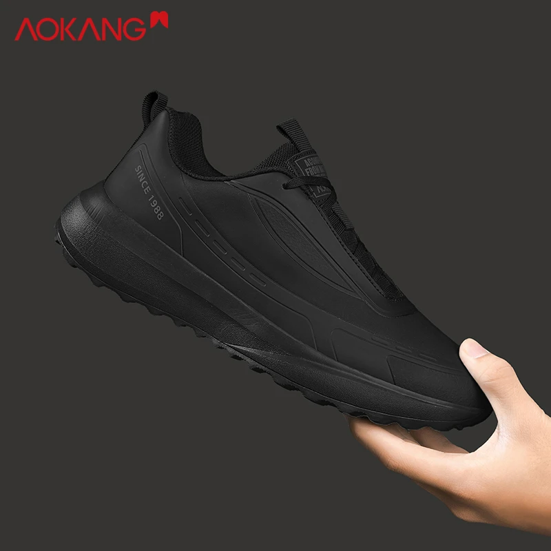 Aokang/奥康正品冬季保暖皮面男士防滑跑步鞋低帮户外系带运动鞋