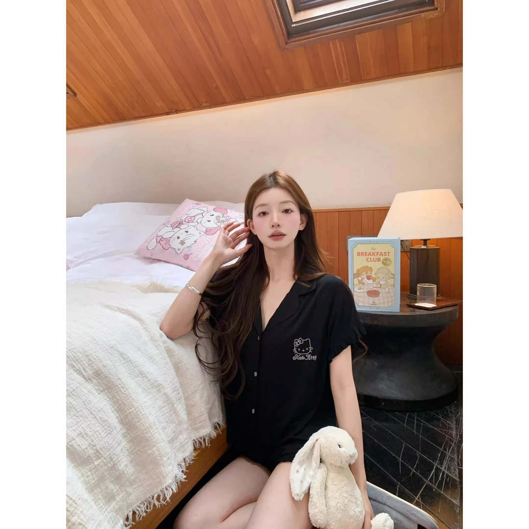 ins韩系Kitty猫烫钻冰丝短袖睡衣女夏季新款高级感家居服短裤套装