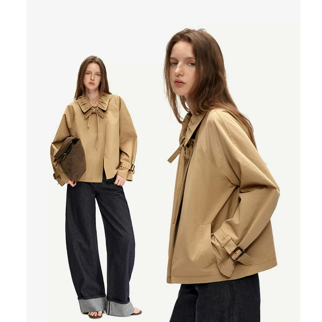 设计感蝴蝶结绑带卡其夹克外套短款风衣22876#