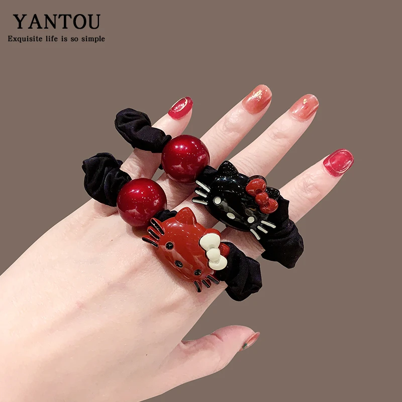 卡通可爱黑红猫咪骨头发绳ins少女心学生情侣小皮筋头饰森系发圈