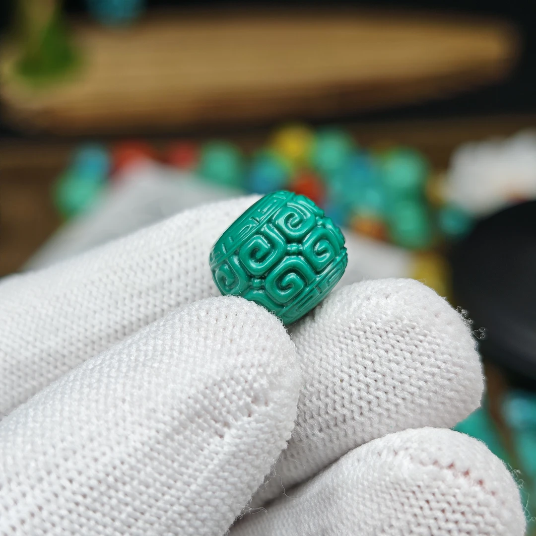 【A72】14x12mm回纹老型珠高瓷绿满工精雕散珠文玩配珠配饰手串配件