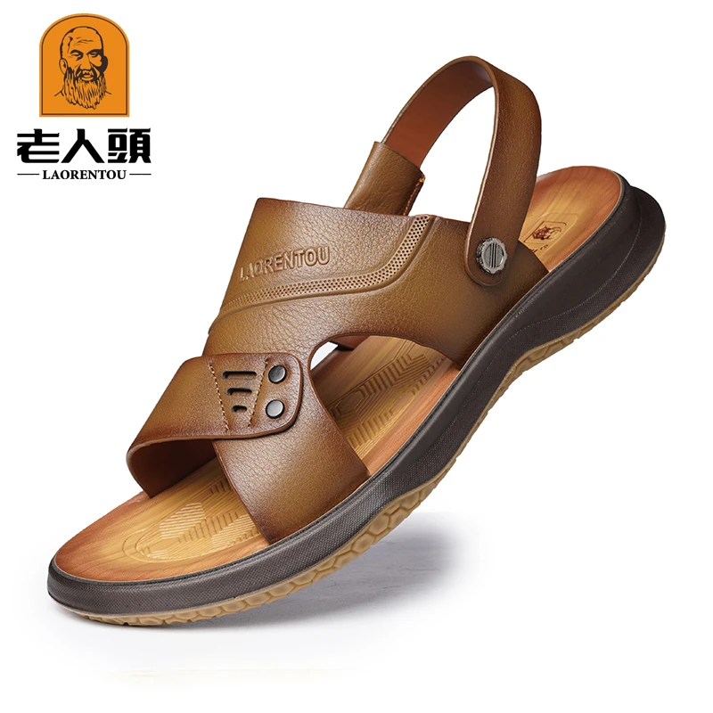 老人头真皮男士凉鞋2025新款夏季外穿沙滩鞋牛皮开车两用拖鞋667