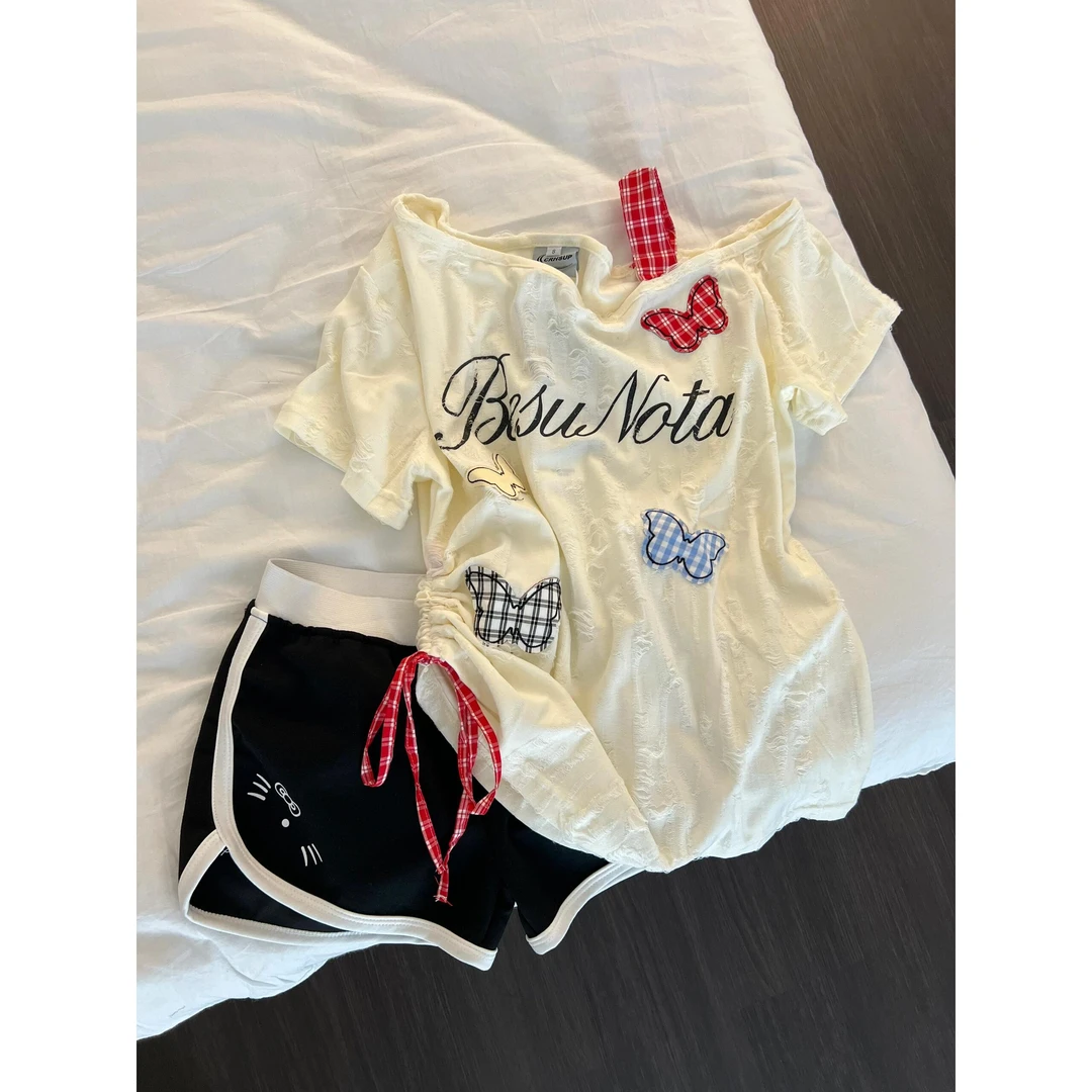 韩系蝴蝶印花斜肩短袖睡衣女士夏季新款舒适碎花短裤套装家居服