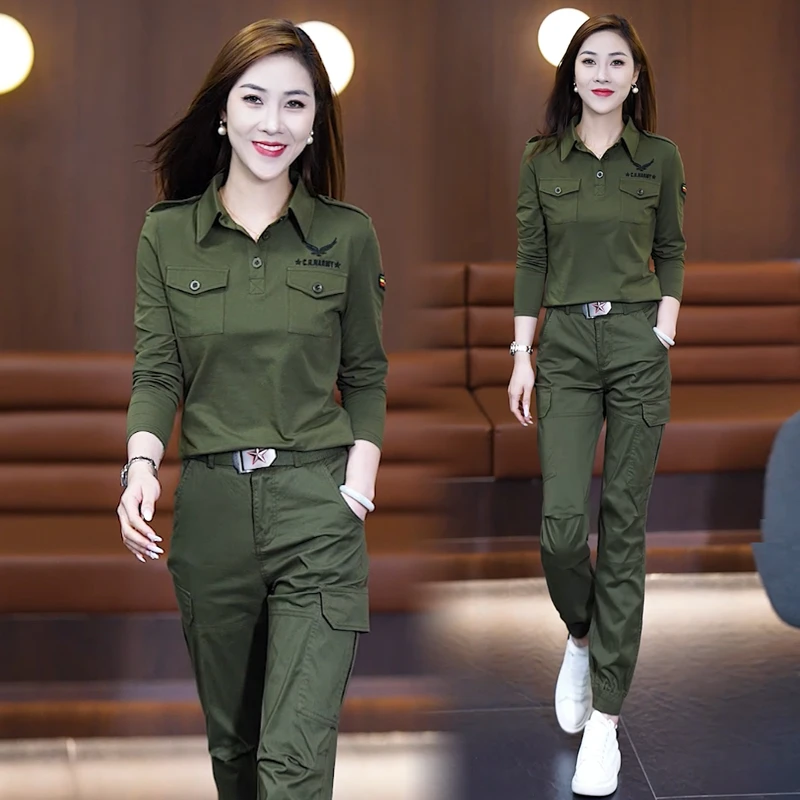 时尚套装长袖春秋大码休闲翻领军绿色服装显瘦舞服户外