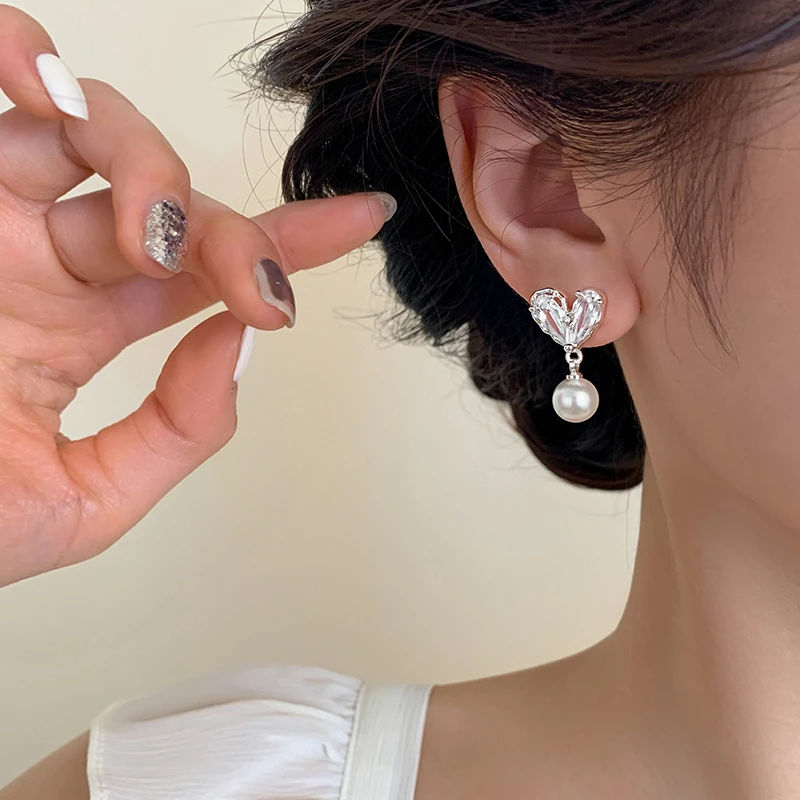 足银仿珍珠耳饰 999银针爱心耳钉小众设计感耳环女生甜美轻奢气质