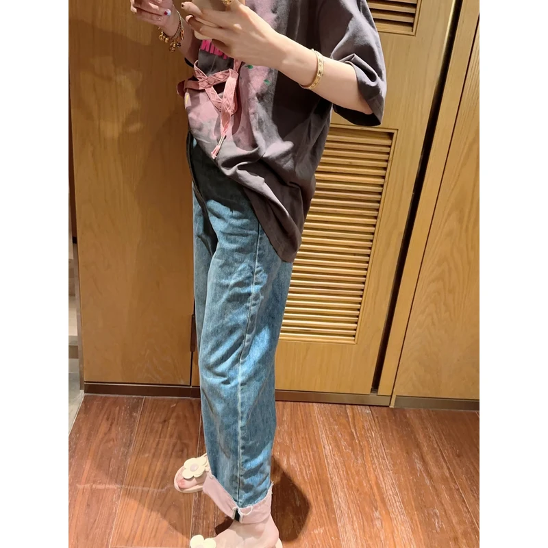 ◆张静芝 撞色毛边裤腿洋气夏季蓝色直筒显瘦女牛仔裤