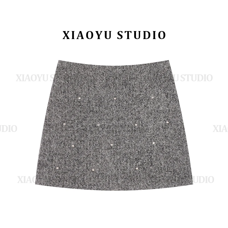 2025秋冬新韩版高级气质毛呢钻年会短裙高腰显半身裙