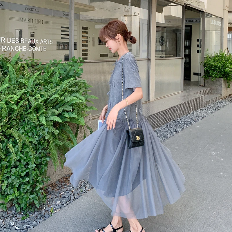 2025年夏季新款爆火超仙下摆网纱拼接设计感宽松显瘦减龄连衣裙女