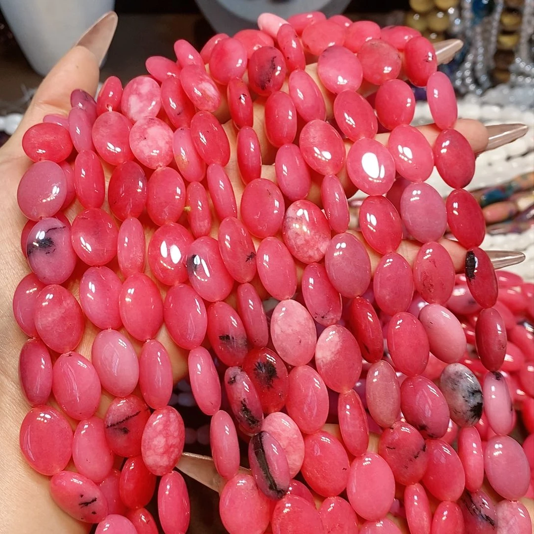 玛瑙/玉髓散珠天然石椭圆一条蜜桃色