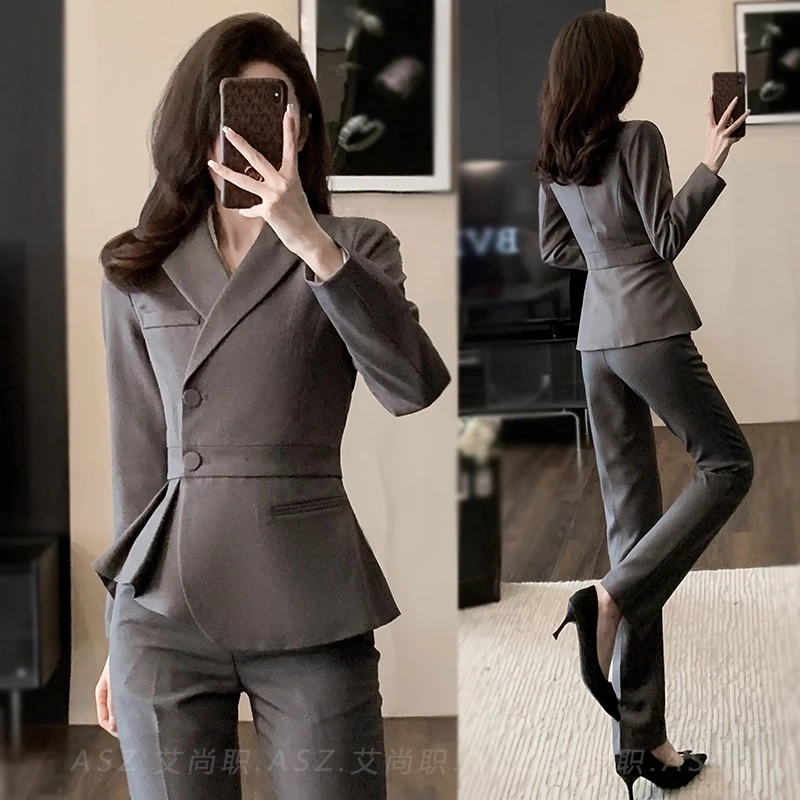 高级感职业装珠宝店工作服女春秋美容院酒店前台灰色气质西装套装