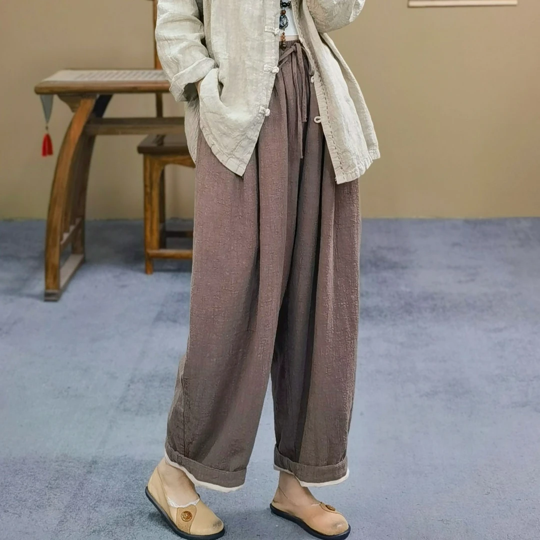 束心新中式冬季新品文艺复古亚麻夹棉萝卜裤女松紧腰抽绳加厚棉裤