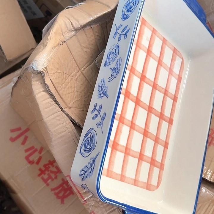 高温陶瓷蓝边青花烤盘微瑕