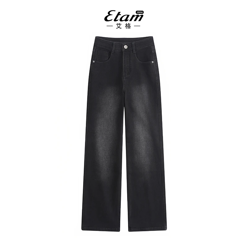 艾格牛仔裤高腰水洗显瘦宽松百搭拖地休闲直筒裤女装阔腿裤黑色潮