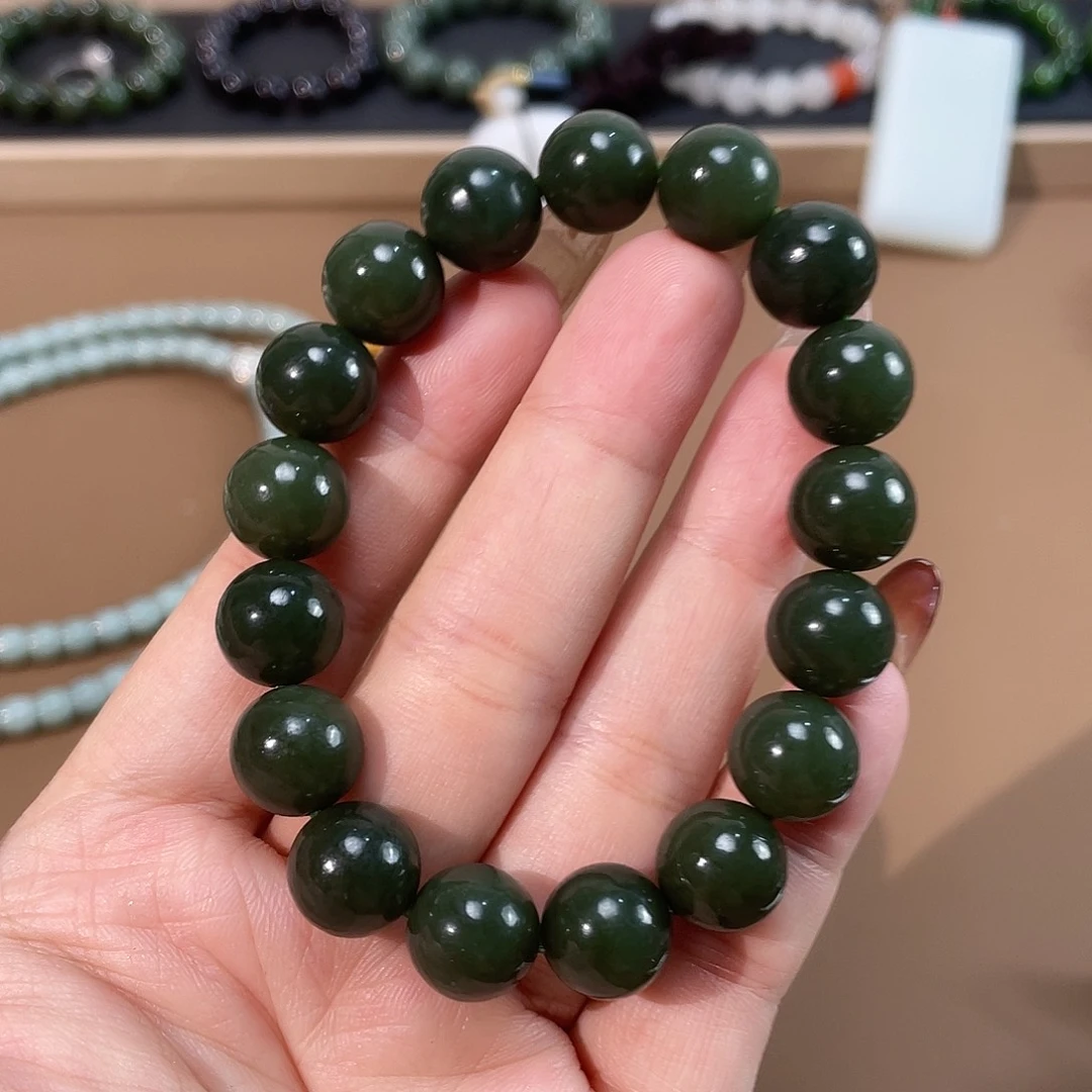 和田玉（碧玉）手链未镶嵌12 俄 菠菜绿