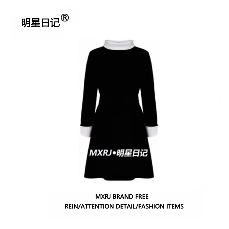 赵今麦明星同款赫本风连衣裙女2025秋季小香风立领名媛收腰小黑裙