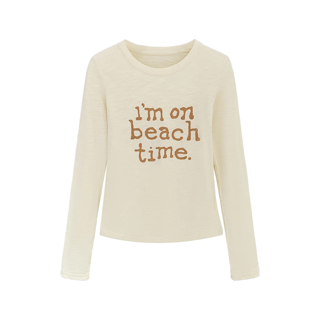 百搭美式复古黄色字母长袖T恤女秋季薄款外搭上衣内搭打底衫洋气