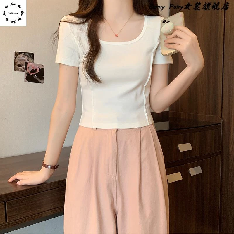 白色方领短袖t恤女2025新款夏季大领口修身显瘦高腰短款鱼骨上衣