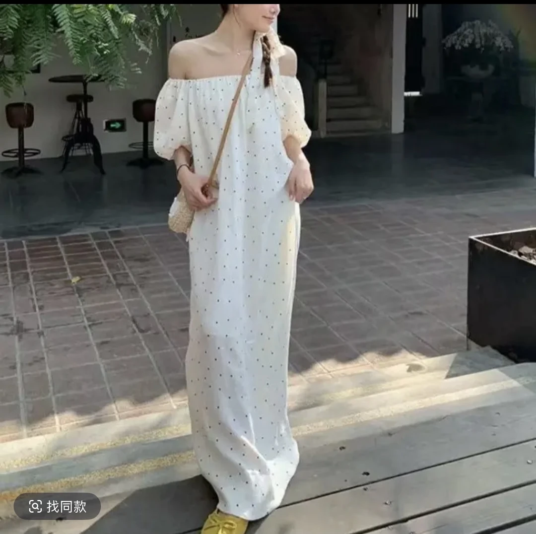 大码一字肩泡泡袖波点连衣裙