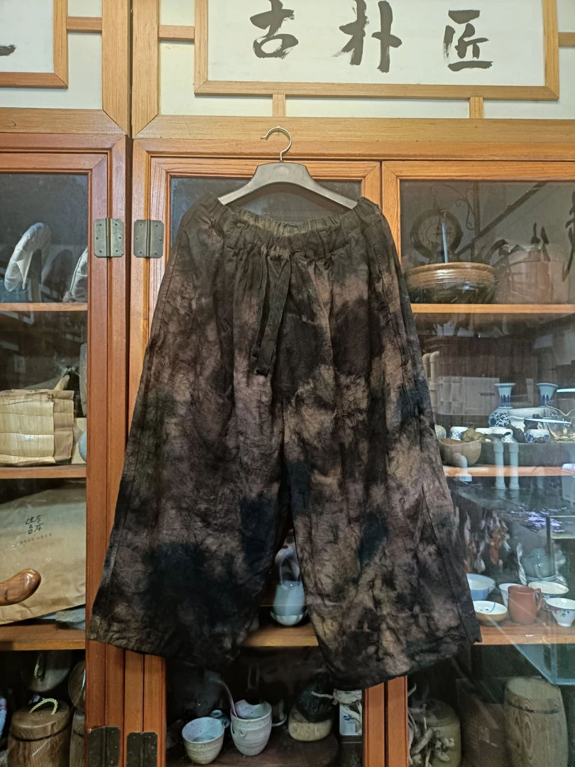 植物染色老布油画裤子(裤长86厘米)