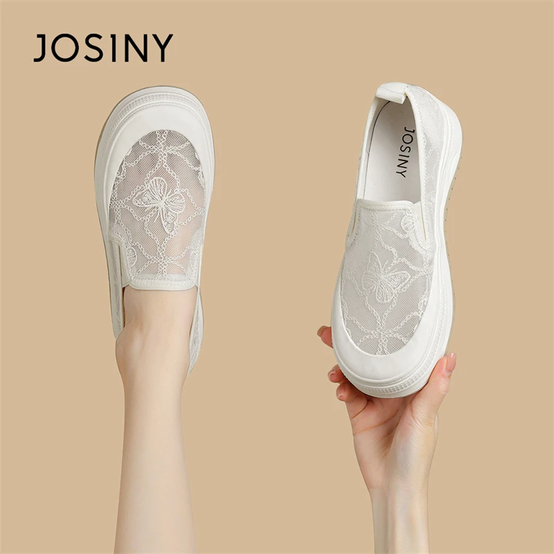 卓诗尼网面透气小白鞋春季2025新款女鞋一脚蹬网鞋厚底休闲渔夫鞋