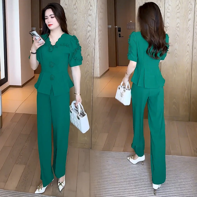 时尚气质套装女2025夏季新款洋气显瘦短袖上衣阔腿裤减龄两件套潮