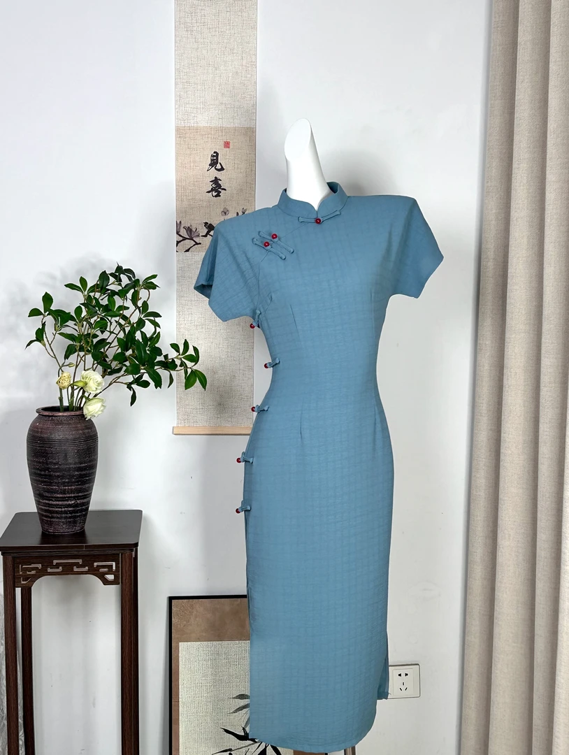 【相思】2025春夏新款蓝色复古风新中式古法旗袍日常（衣长约120）