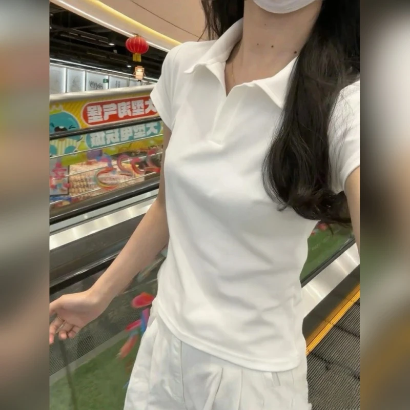 白色polo领短袖t恤女士修身上衣夏季2025新款v领正肩半袖运动休闲