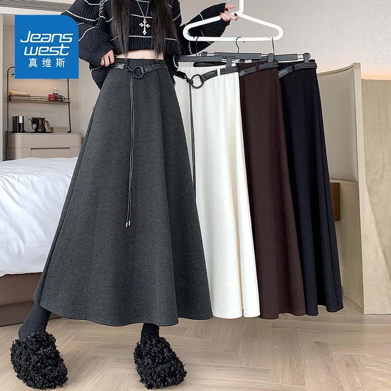 真维斯高级感灰色毛呢半身裙女秋冬2025新款高腰遮胯大摆长款伞裙