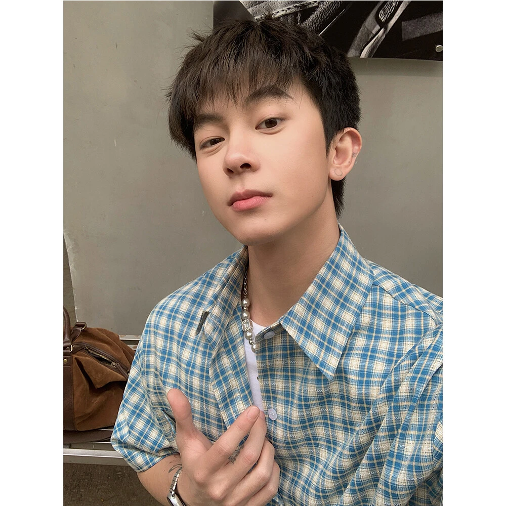 男短袖夏季高级感痞帅外套宽松潮流美式经典格子衬衫休闲半袖衬衣