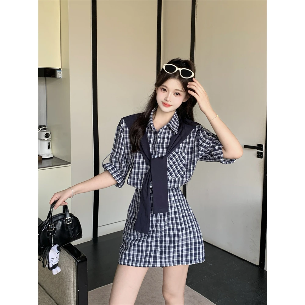 韩版气质撞色拼接披肩格子短袖衬衫连衣裙女夏小个子收腰显瘦短裙