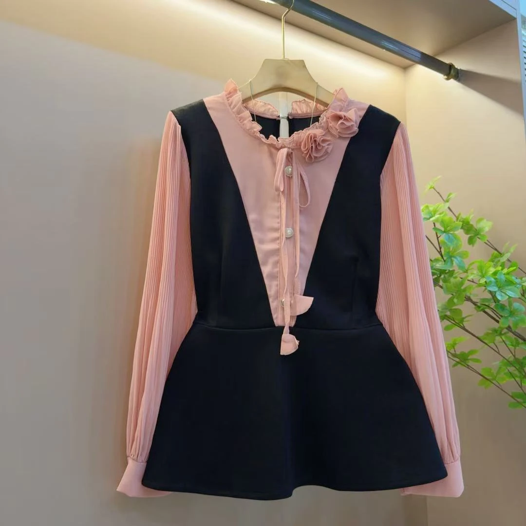 秋季洋气新款气质百搭显瘦拼接设计花边领长袖上衣（衣长68左右）