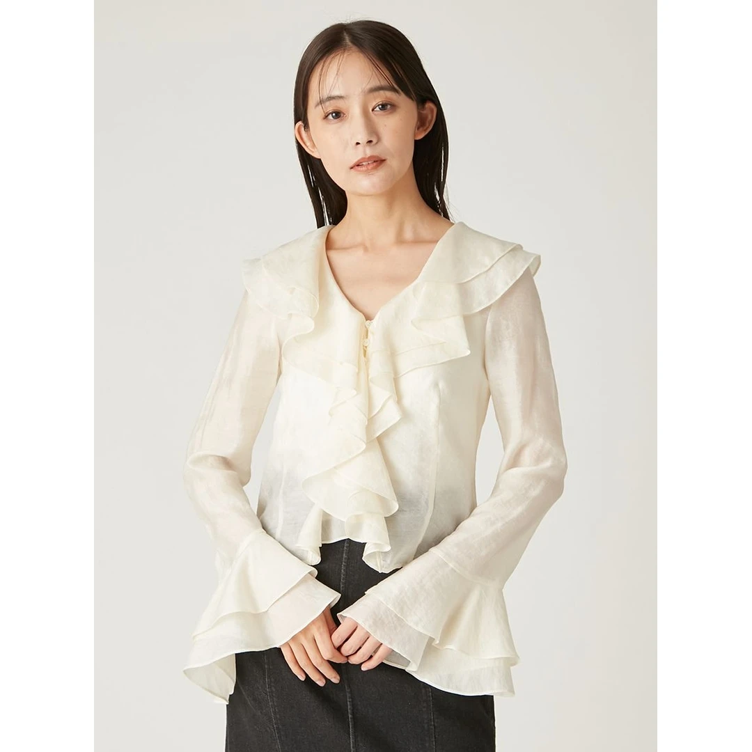 【胖虎家】F 杂志款 春夏新款透明提花设计感防晒荷叶领衬衫