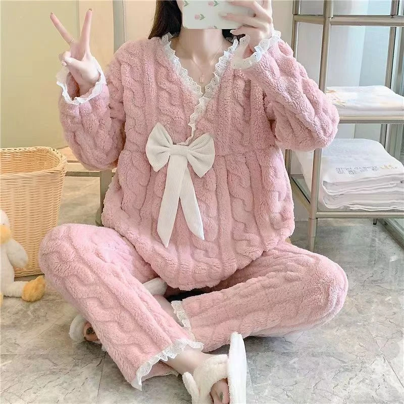 睡衣女秋冬季套头加绒加厚珊瑚绒保暖孕妇法兰绒月子服套装家居服