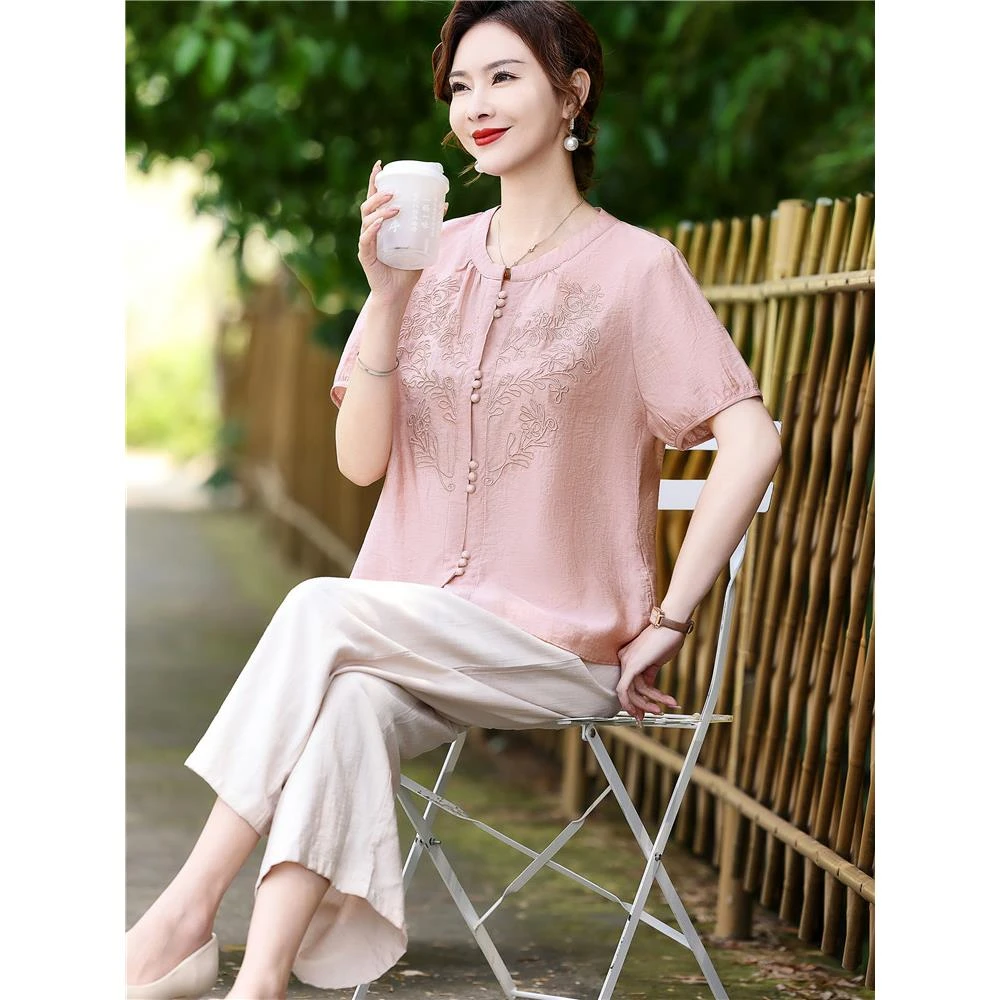 妈妈气质新中式国风短袖女夏装时尚中老年夏季洋气上衣服大码宽松