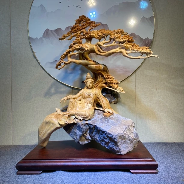 崖柏根抱石 观音 纯手工雕刻 玄关创意摆件