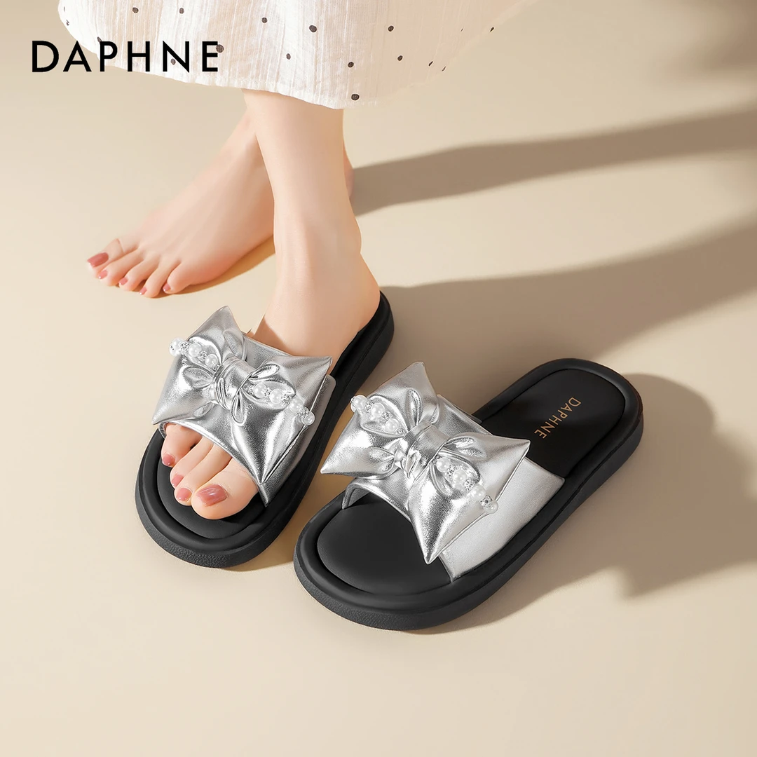 达芙妮蝴蝶结一字拖鞋女夏外穿2025新款仙女风配裙子厚底法式凉拖